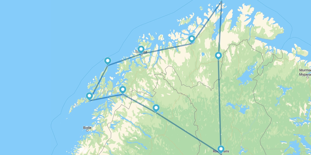 Route through Lapland, North Cape and Lofoten Islands