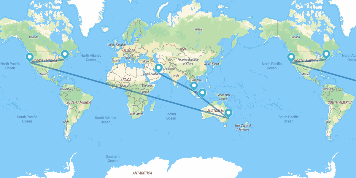 New York, San Francisco, Sídney, Bali, Singapore and Dubai