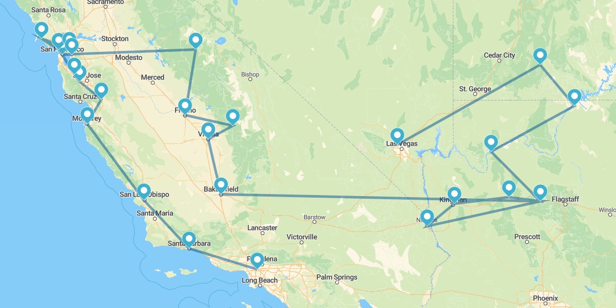 Route from California to Nevada with National Parks