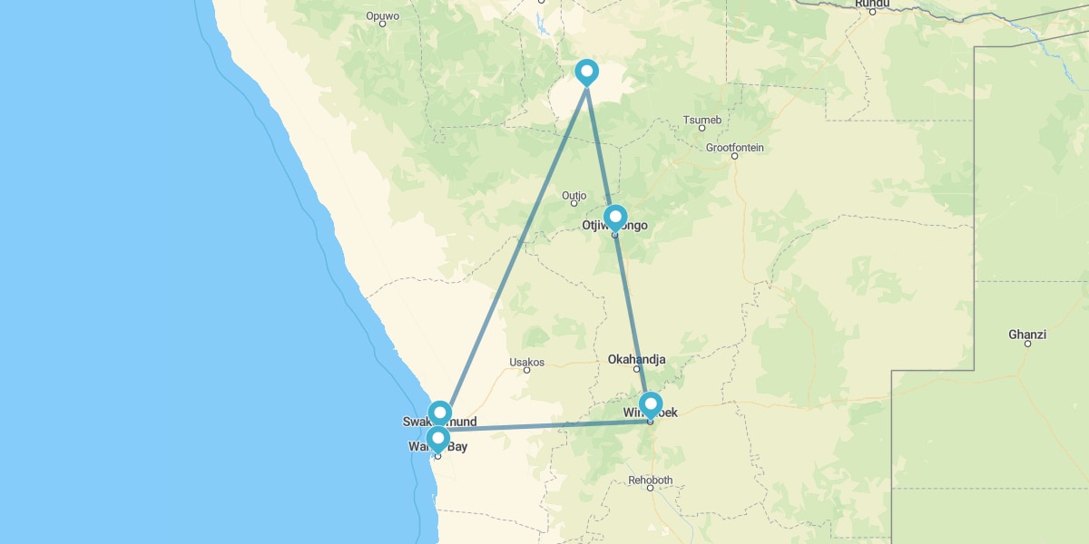 Route from the Etosha National Park to the Namib Desert