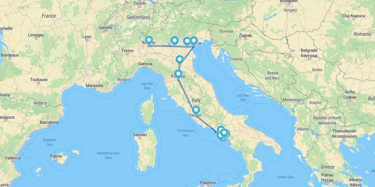 Route through the Great Italy, from Milan to Naples