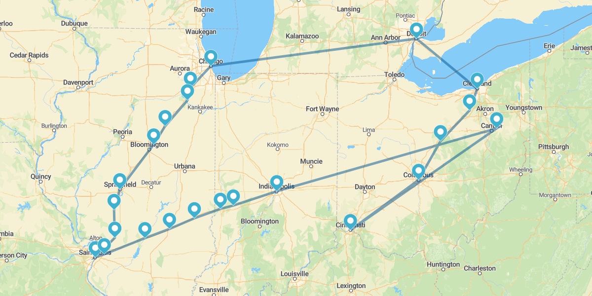 Route through the Midwest, from Chicago to Detroit