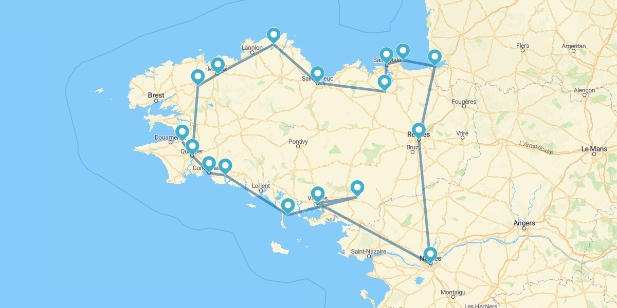 Route through Brittany from Nantes