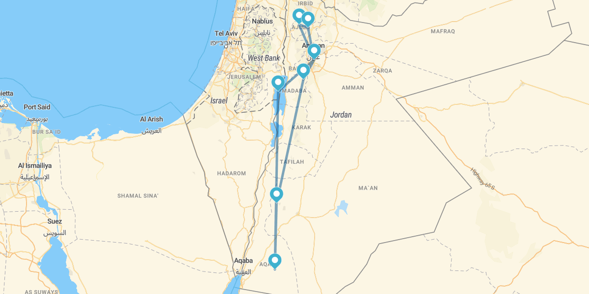 Route around the Hashemite Kingdom and Wadi Rum