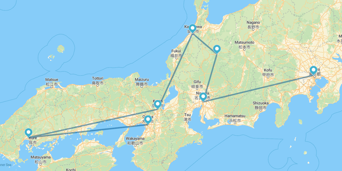 Tokyo, Nagoya, Takayama, Kanazawa, Kyoto, Hiroshima and Osaka