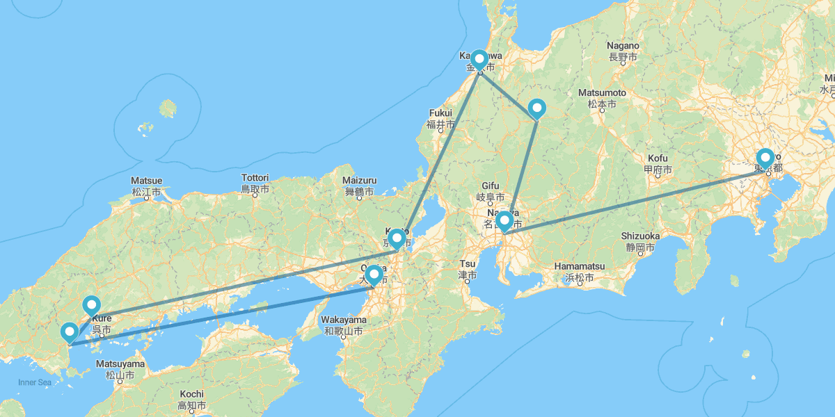 Tokyo, Nagoya, Takayama, Kanazawa, Kyoto, Hiroshima, Miyajima and Osaka