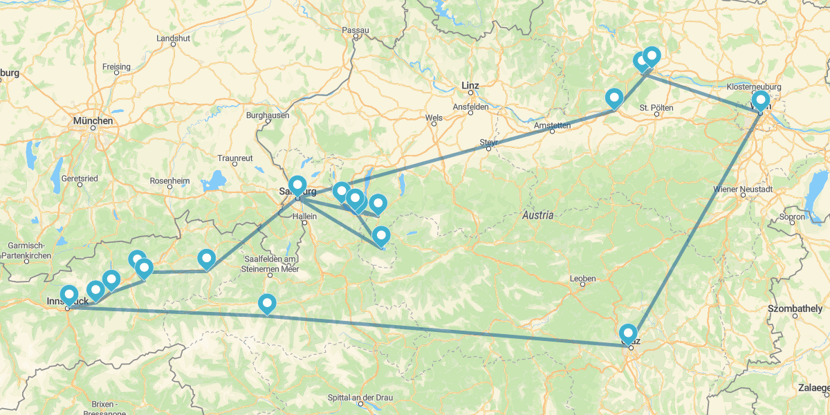 Route from Danube to the Alps and Tyrol