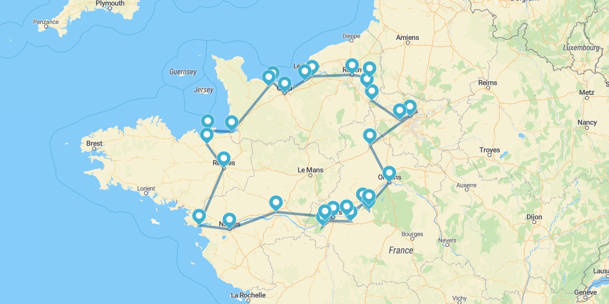 Route through Normandy, Brittany and the Loire Valley